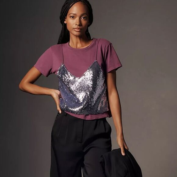 Anthropologie Le Superbe Birdie Sequin Tee NWT - Picture 1 of 12